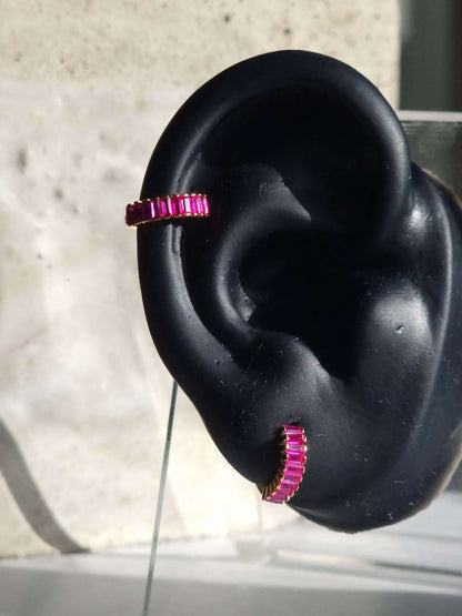 Gold 925 Earrings with Magenta CZ On ear