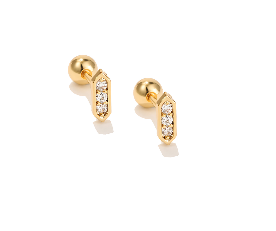 Gold Bar Ear Piercing with White 5A Zirconia Studs – Stainless Steel Jewelry