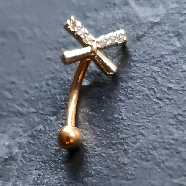 Gold Barbell with Bow Design for Eyebrow or Rook Piercing – 16G Stainless Steel Jewelry