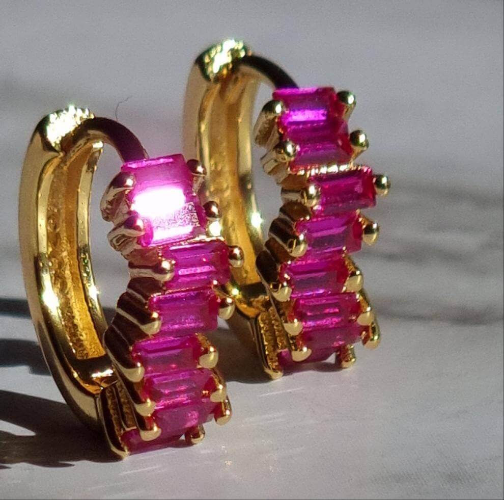 Gold Earrings with Magenta Stone. Gold Earrings for women. Earrings. Ear Piercings