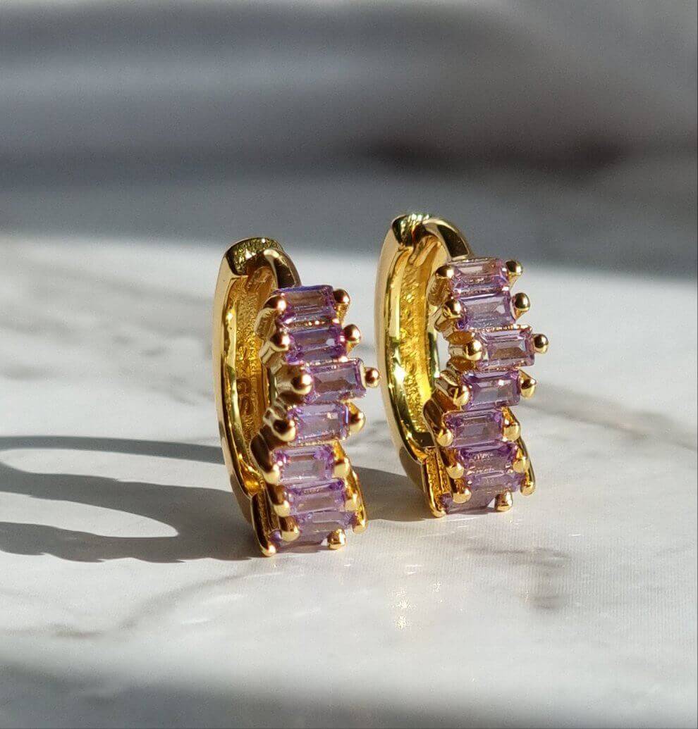 Gold Lilac purple earrings close up