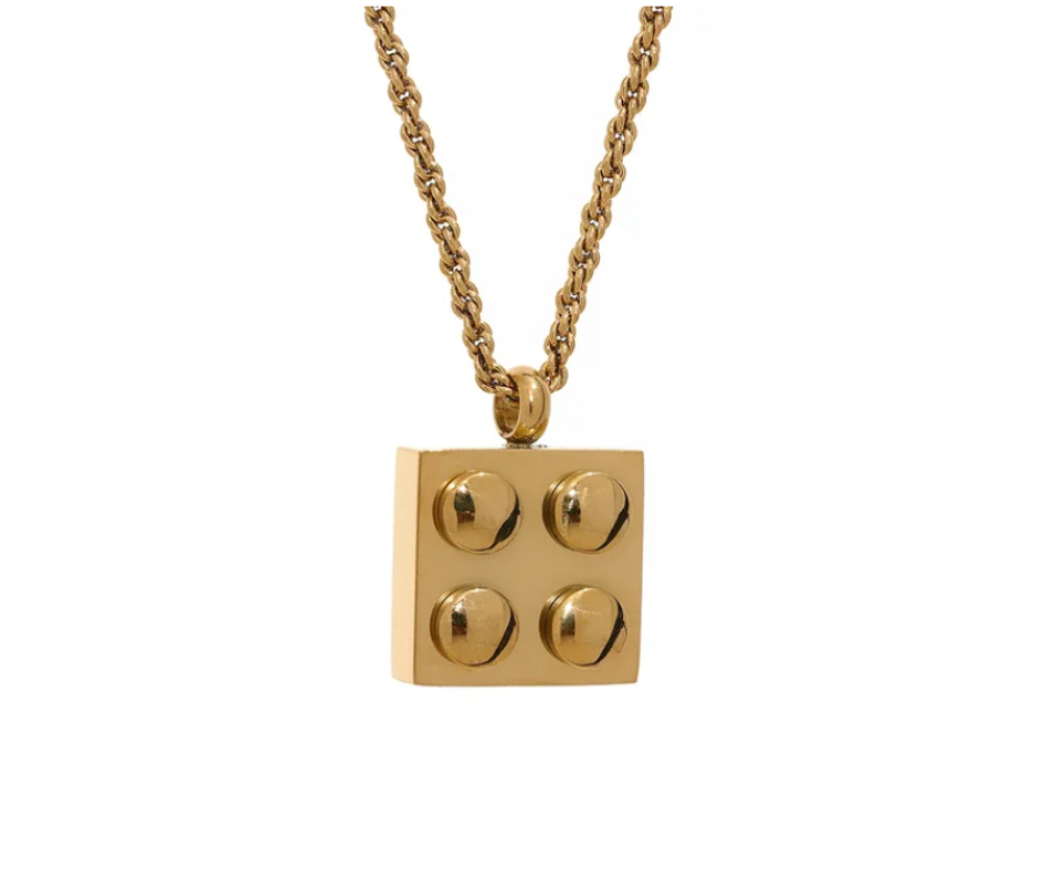 Gold PVD Plated Stainless Steel Square Brick Necklace - Waterproof Sweat Proof