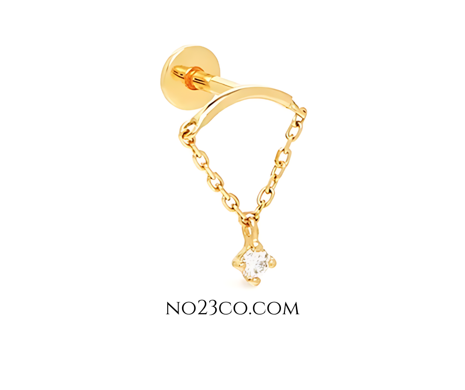 Gold Plated 925 Sterling Silver Stud Earring with Chain and 5A Zirconia - Ear Piercing - No23Co