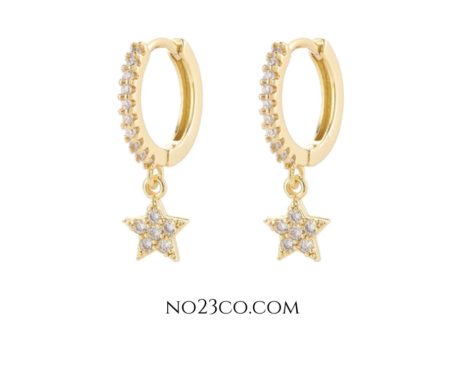 Gold Plated Earrings 925 Sterling Silver Star and CZ Droplets - Ear Piercing - No23Co