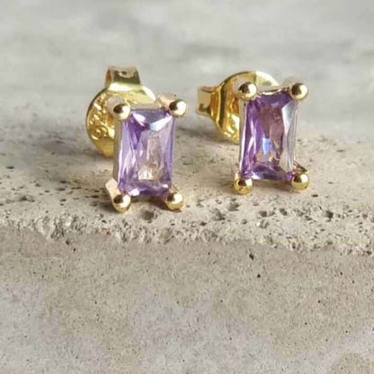 Gold Plated Rectangle Purple Zirconia Stud Earrings 