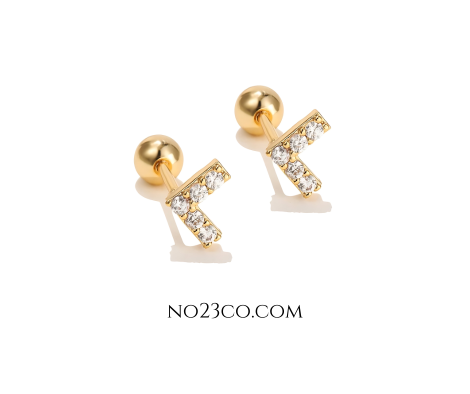 Gold Plated Stainless Steel Ear Piercing Geometric V Shape with White 5A Zirconia Stud Pair