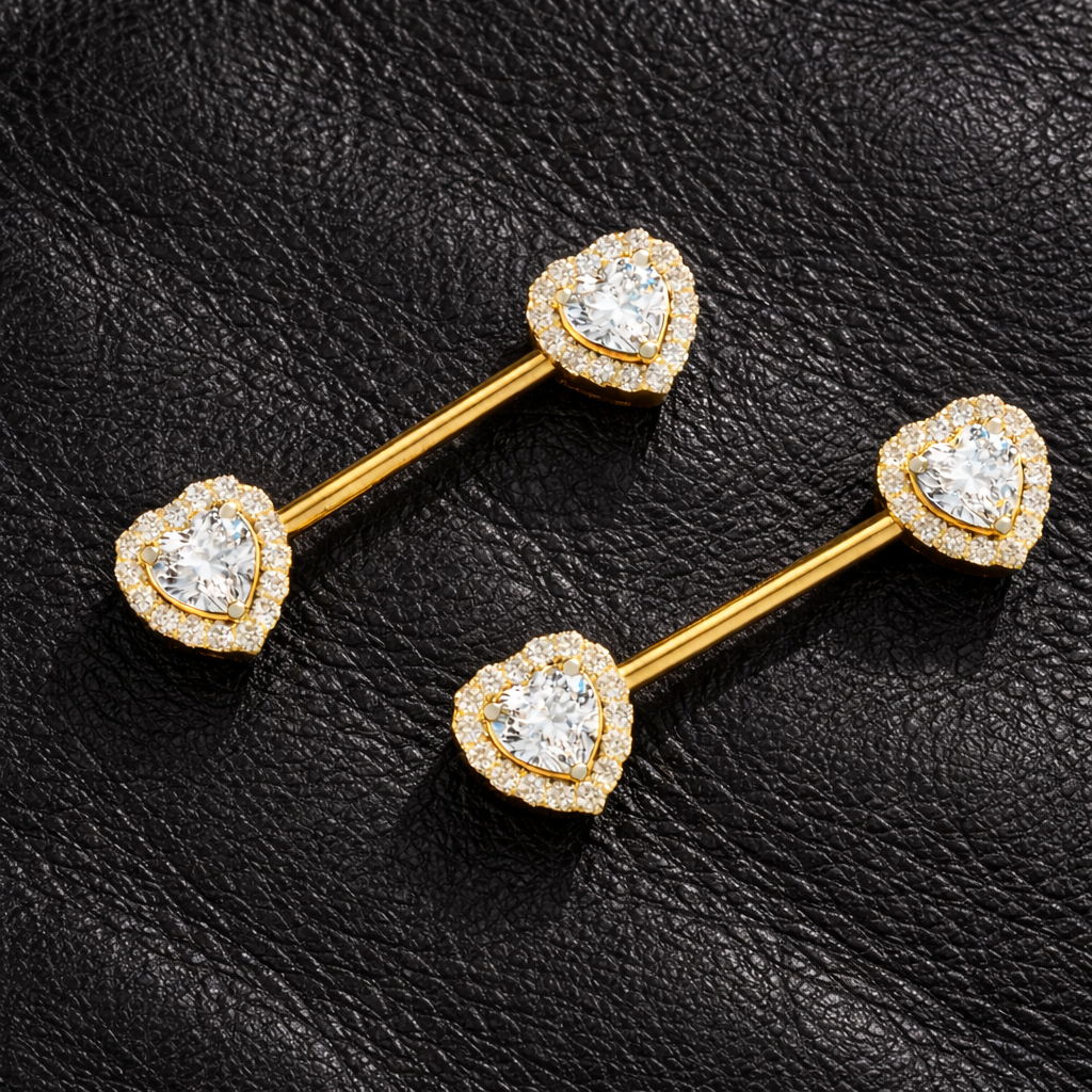 Gold heart-shaped nipple rings with clear gemstones on a black leather background