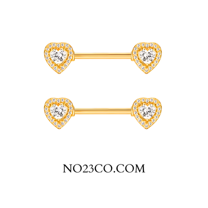 Gold barbell with heart-shaped ends and clear gemstones on a white background 'NO23CO.COM'.
