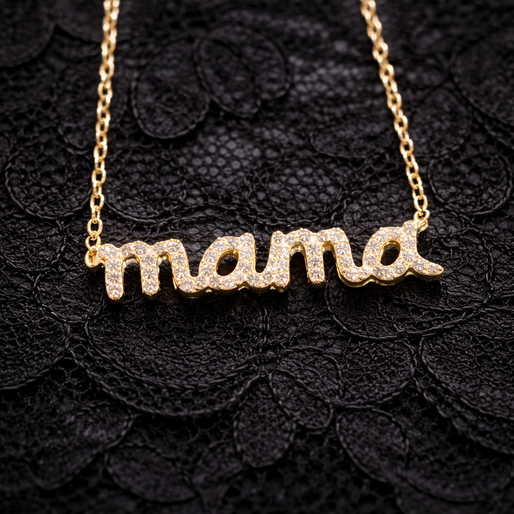 Gold 'mama' necklace on a black textured background