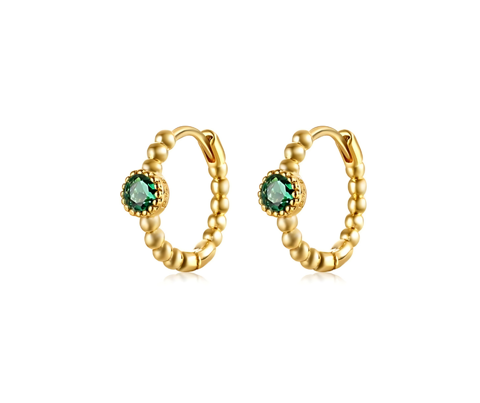 Green Emerald Zirconia Tiny Hoop Ear Piercing Pair - 18K Gold Plated Sterling Silver 925