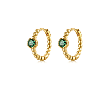 Green Emerald Zirconia Tiny Hoop Ear Piercing Pair - 18K Gold Plated Sterling Silver 925