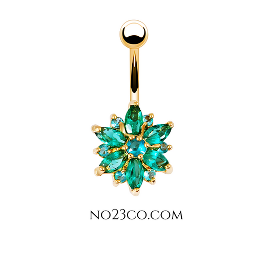 Belly Button Piercing Green Flower Stone Navel Piercing - 14G Surgical Steel 316L - No23Co