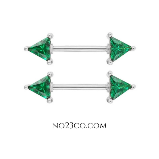 Green Gem Triangle Nipple Bar Piercing Jewelry with Cubic Zirconia - 14G Surgical Steel 316L