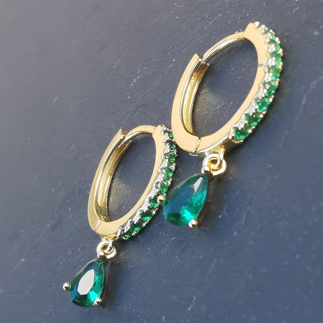 Green Zirconia Droplet Ear Piercing Pair - 18K Gold Plated Sterling Silver 925