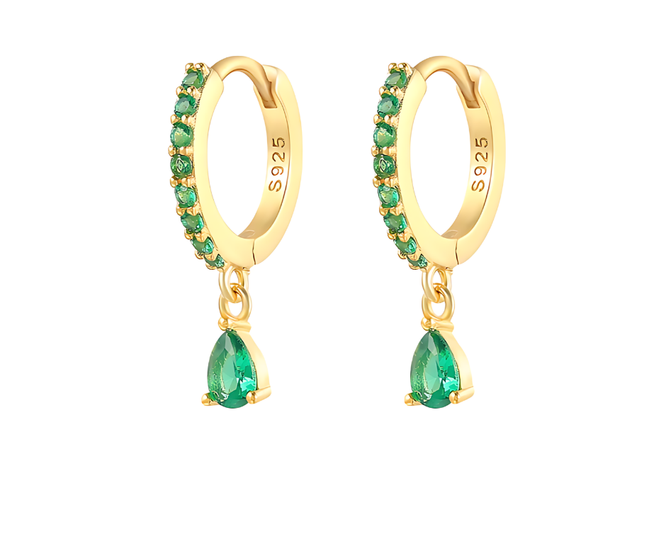 Green Zirconia Droplet Ear Piercing Pair - 18K Gold Plated Sterling Silver 925