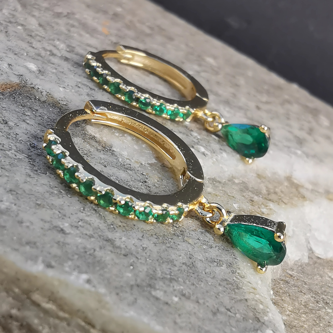 Green Zirconia Droplet Ear Piercing Pair - 18K Gold Plated Sterling Silver 925