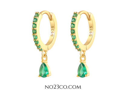 Green Zirconia Droplet Earrings Piercing Pair -18K Gold Plated Sterling Silver 925 - No23Co