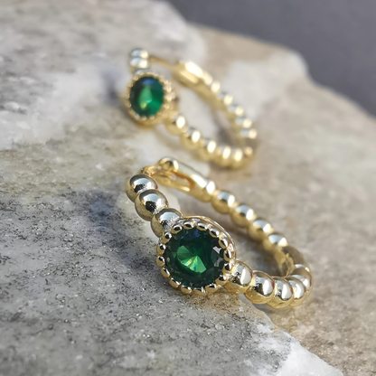 Green Zirconia Tiny Hoop Ear Piercing Pair - 18K Gold Plated Sterling Silver 925