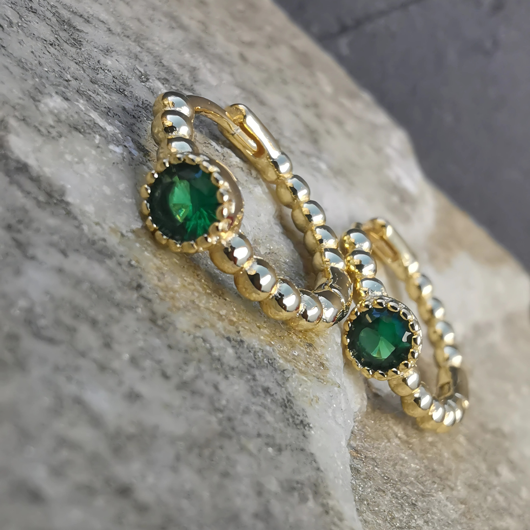 Green Zirconia Tiny Hoop Ear Piercing Pair - 18K Gold Plated Sterling Silver 925