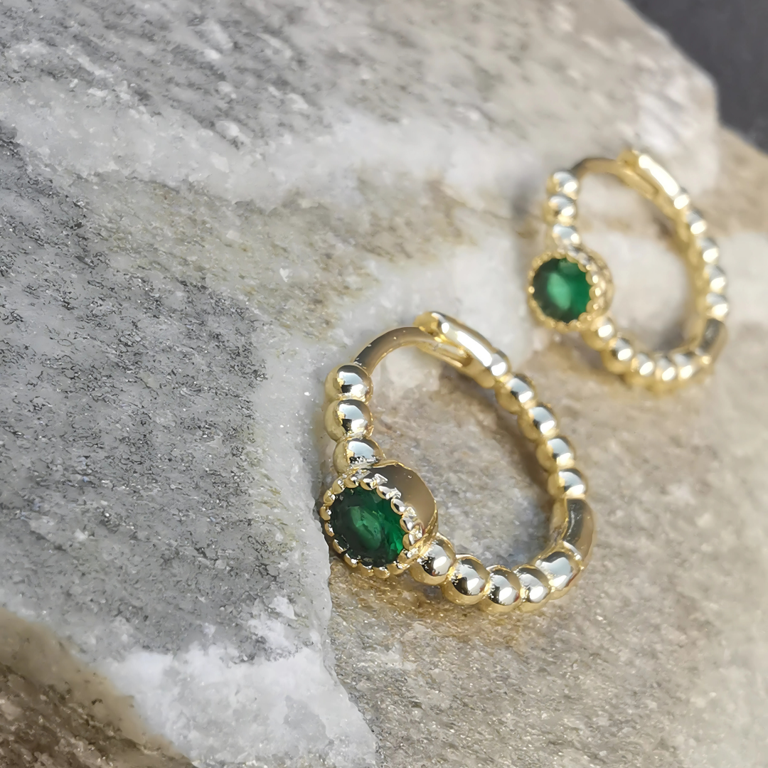 Green Zirconia Tiny Hoop Ear Piercing Pair - 18K Gold Plated Sterling Silver 925