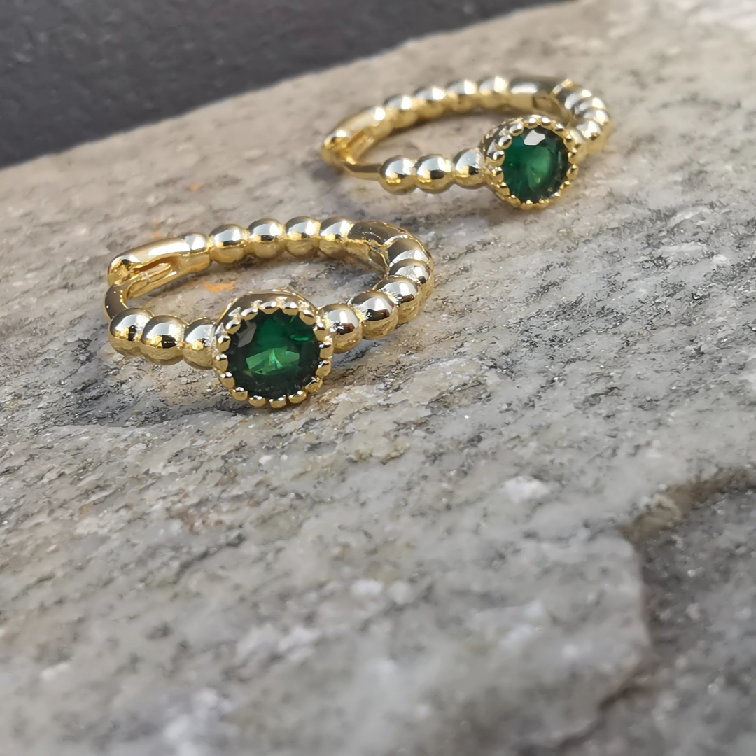 Green Zirconia Tiny Hoop Ear Piercing Pair - 18K Gold Plated Sterling Silver 925