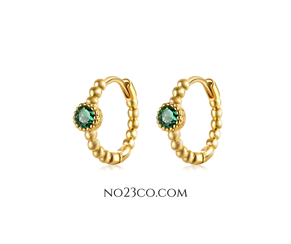 Green Zirconia Tiny Hoop Earrings Piercing Pair - 18K Gold Plated Sterling Silver 925 - No23Co