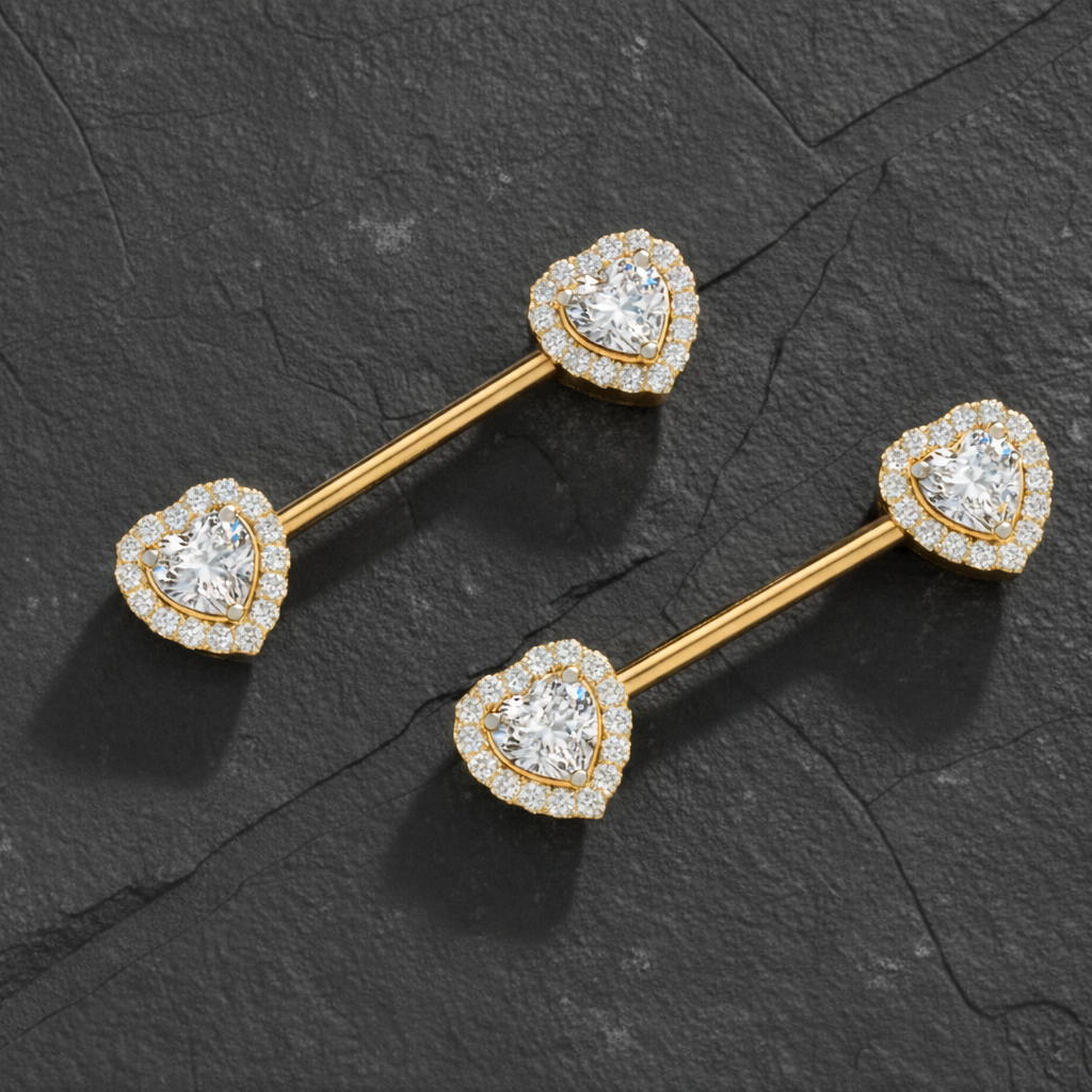 Heart-shaped diamond nipple bar piercing on a dark stone background