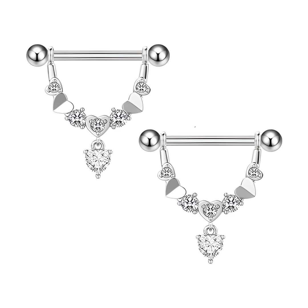 Heart Dangle Nipple Piercing Bar Shields with Cubic Zirconia