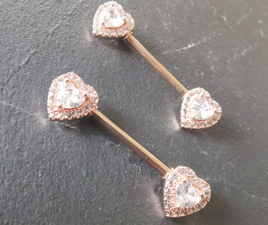 Heart Nipple Bar Piercing 14G Rose Gold Surgical Steel 316L with Cubic Zirconia