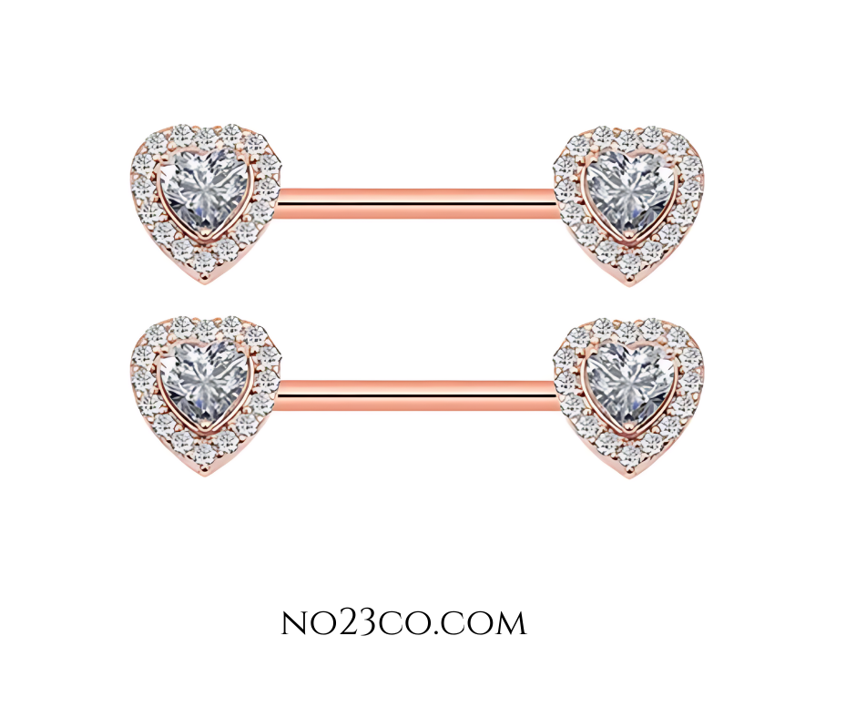 Heart Nipple Bar Piercing 14G Gold Rose Surgical Steel 316L with Cubic Zirconia - No23Co