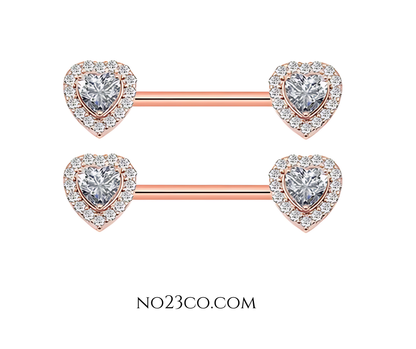 Heart Nipple Bar Piercing 14G Gold Rose Surgical Steel 316L with Cubic Zirconia - No23Co