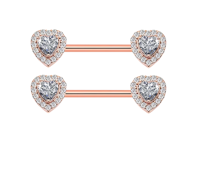 Heart Nipple Bar Piercing 14G Rose Gold Surgical Steel 316L with Cubic Zirconia - No23Co