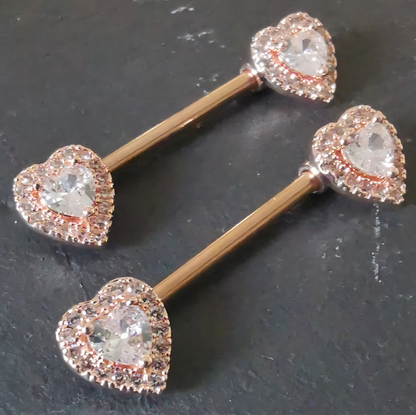 Heart Nipple Bar Piercing 14G Rose Gold Surgical Steel 316L with Cubic Zirconia