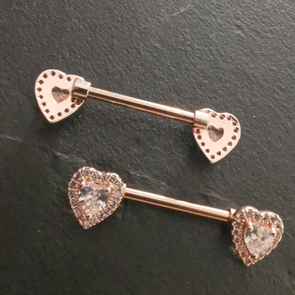 Heart Nipple Bar Piercing 14G Rose Gold Surgical Steel 316L with Cubic Zirconia