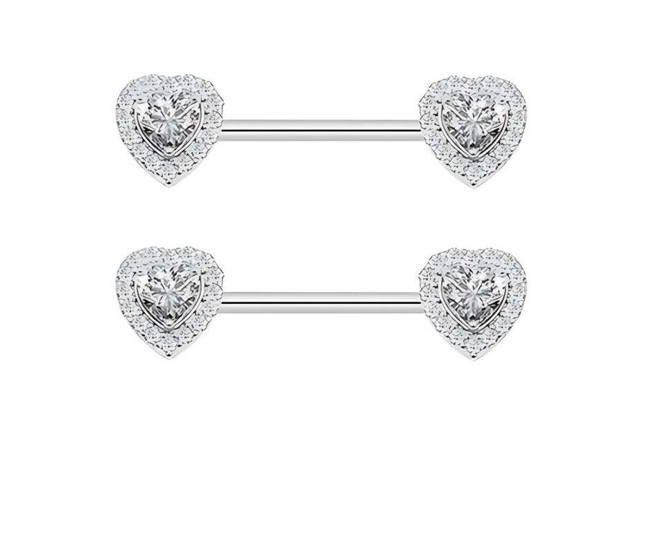 Heart Nipple Bar Piercing 14G Silver Surgical Steel 316L with Cubic Zirconia 