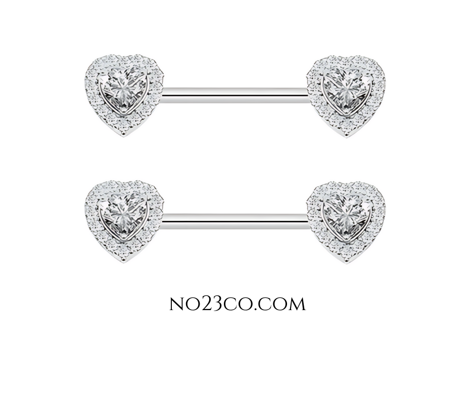 Heart Nipple Bar Piercing 14G Silver Surgical Steel 316L with Cubic Zirconia - No23Co