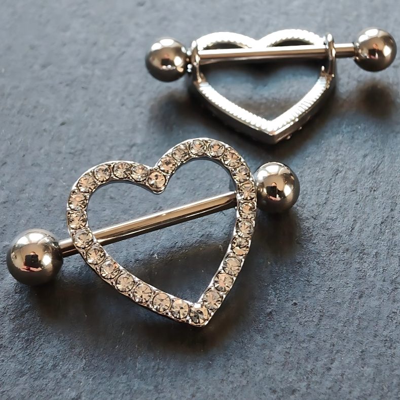 Heart nipple piercing shield bars in 14G silver surgical steel 316L, stylish body jewelry(front & back)