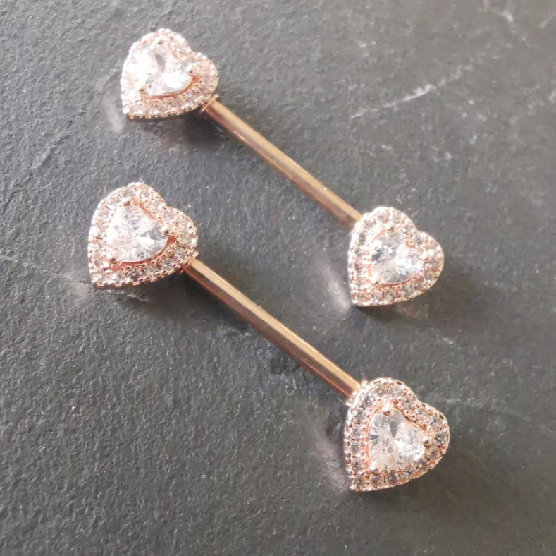 Heart Nipple Bar Piercing 14G Rose Gold Surgical Steel 316L with Cubic Zirconia
