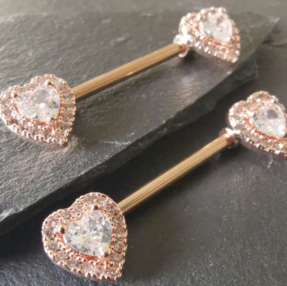 Heart Nipple Bar Piercing 14G Rose Gold Surgical Steel 316L with Cubic Zirconia