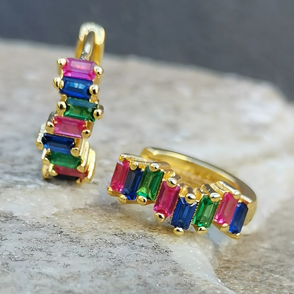 18K Gold Plated 925 Sterling Silver Huggies Ear Piercing with Rainbow 5A Zirconia