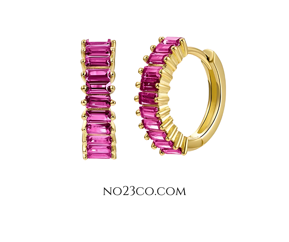 Huggies Earrings Magenta Zirconia - 18K Gold Plated 925 Sterling Silver - No23Co