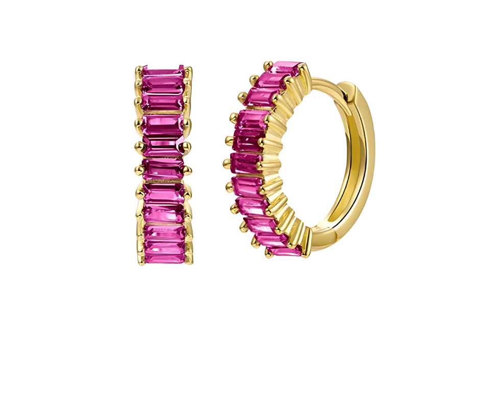 Huggies Earrings Magenta Zirconia - 18K Gold Plated 925 Sterling Silver