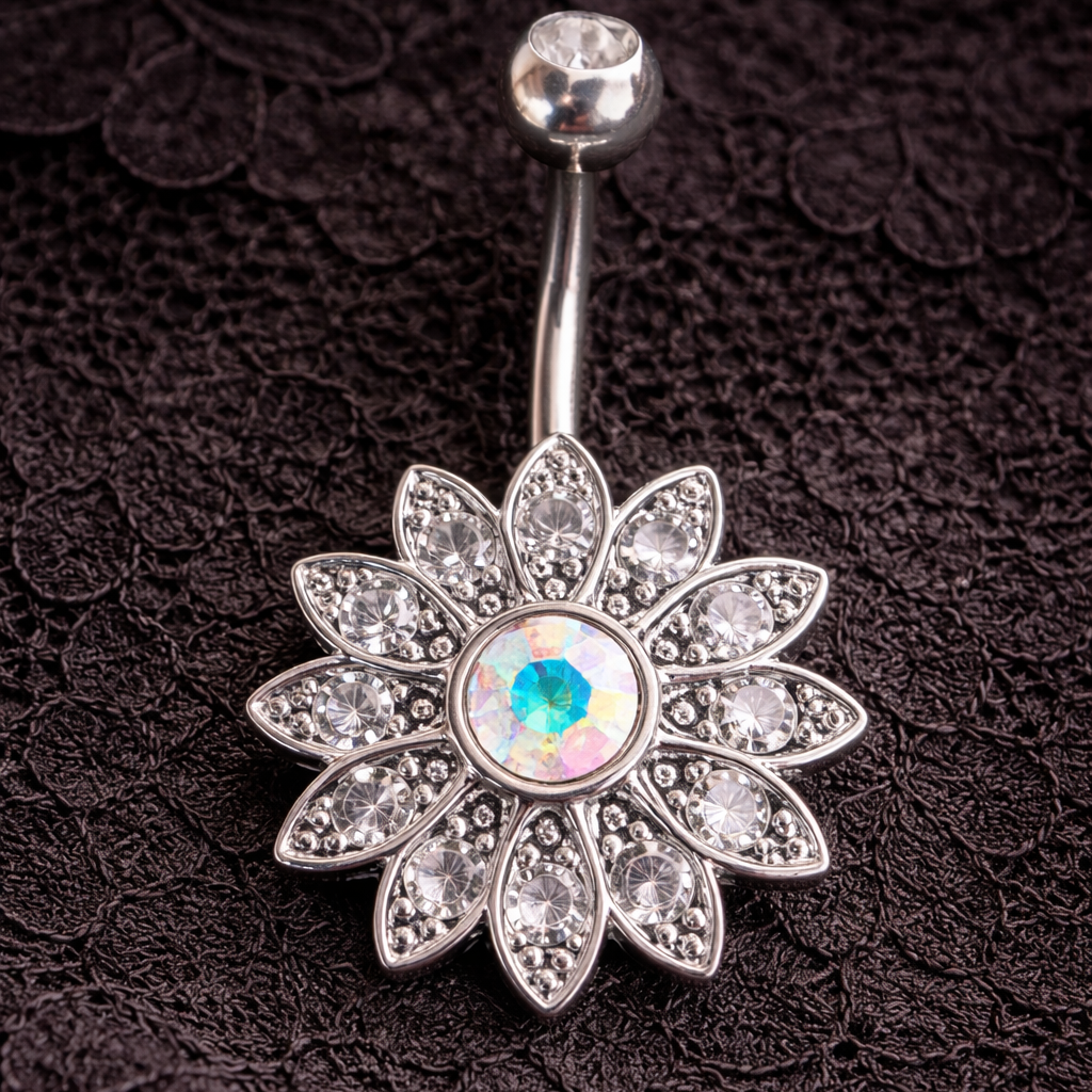 Silver belly button ring with floral design and gemstone on a black lace background