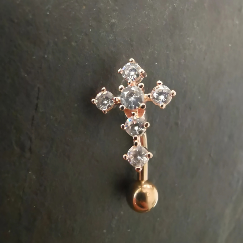 Inverted Cross Navel Ring Belly Button Piercing Jewelry - 14G Rose Gold Surgical Steel 316L