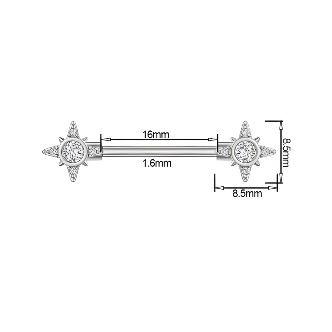 Jewelry barbell with star-shaped ends and measurements on a white background