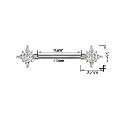 Jewelry barbell with star-shaped ends and measurements on a white background