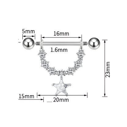 Jewelry nipple ring with star design and measurements on a white background