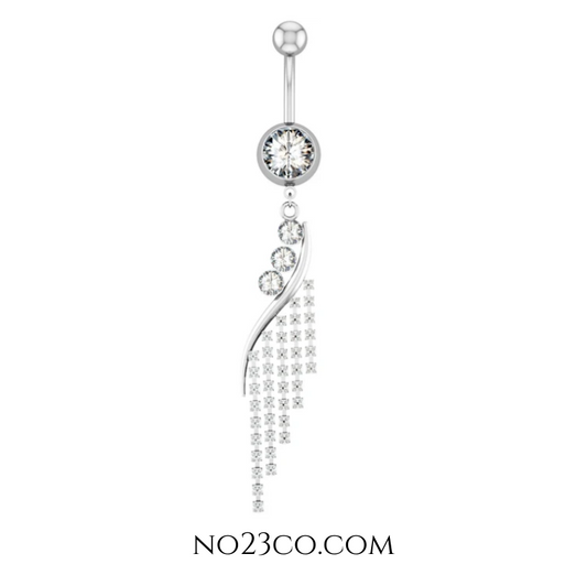 Long Silver Dangle Navel Ring Body Jewelry with Cubic Zirconia made of 14G Surgical Steel 316L