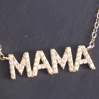 Elegant 18K Gold Plated MAMA Necklace – A stunning 925 sterling silver necklace featuring a "MAMA" pendant adorned with sparkling white 5A zirconia. A perfect jewelry gift for mothers.