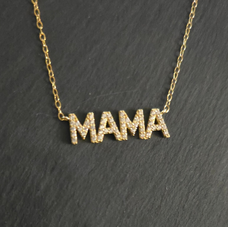 Dazzling MAMA Necklace in 18K Gold Plated Silver – A timeless piece featuring a radiant "MAMA" pendant, encrusted with high-quality 5A zirconia, symbolizing love and appreciation for mothers.